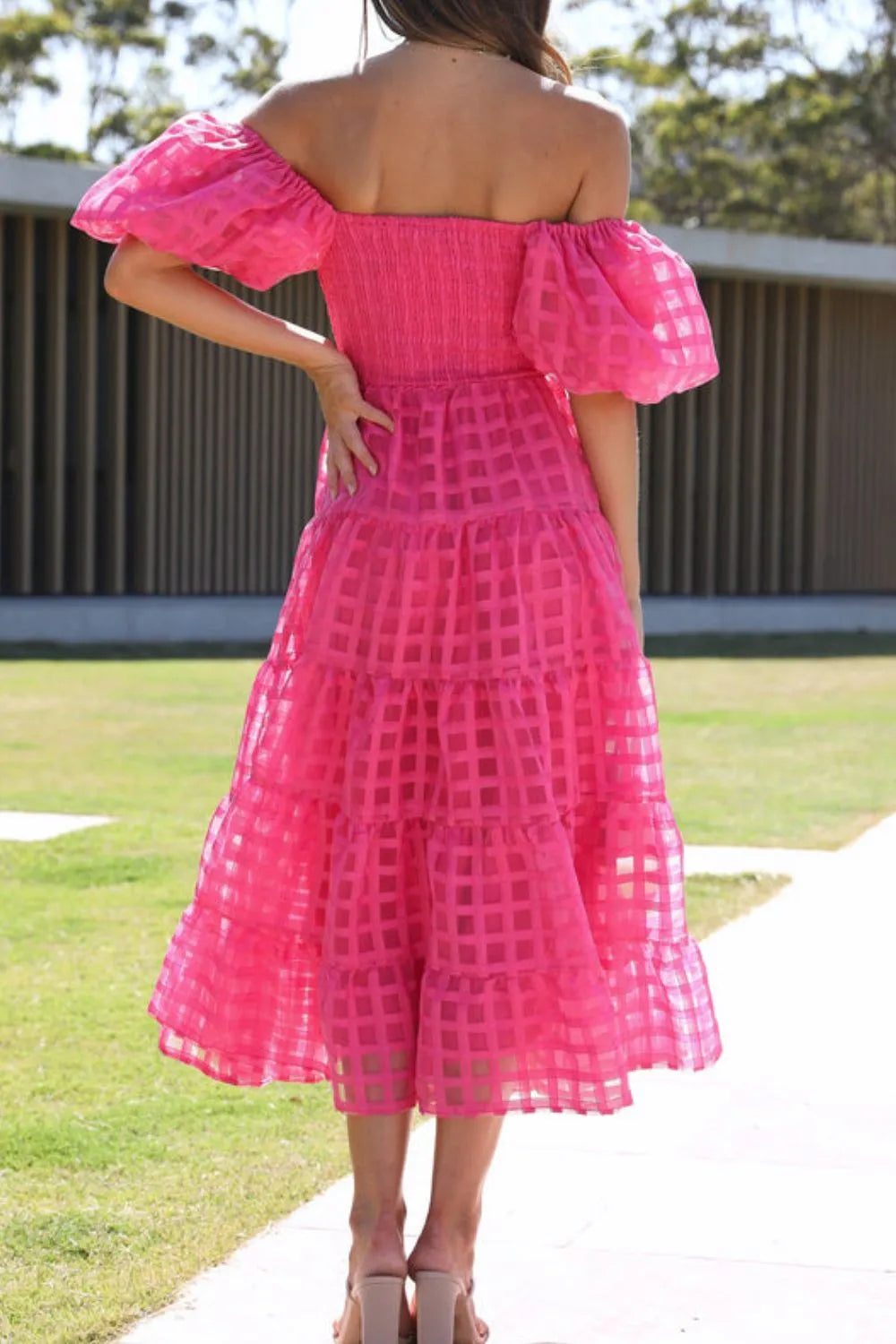Off Shoulder Short Puff Sleeve Midi Dress -