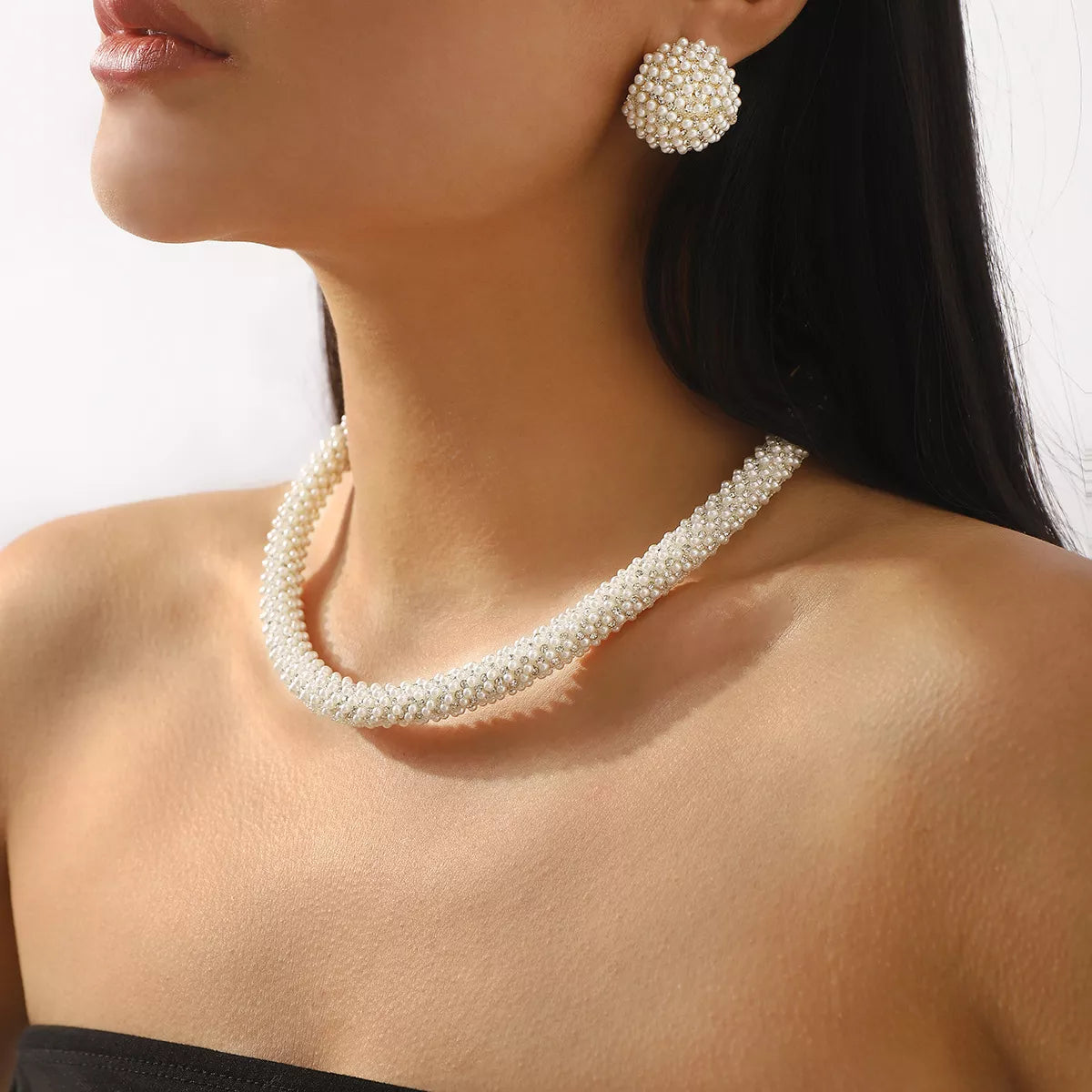 Pearl Embellished Earrings and Necklace Jewelry Set -