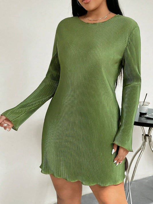 Plus Size Lettuce Hem Round Neck Long Sleeve Dress -