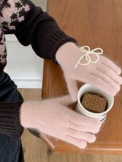 Pearl Embellished Knit Gloves -