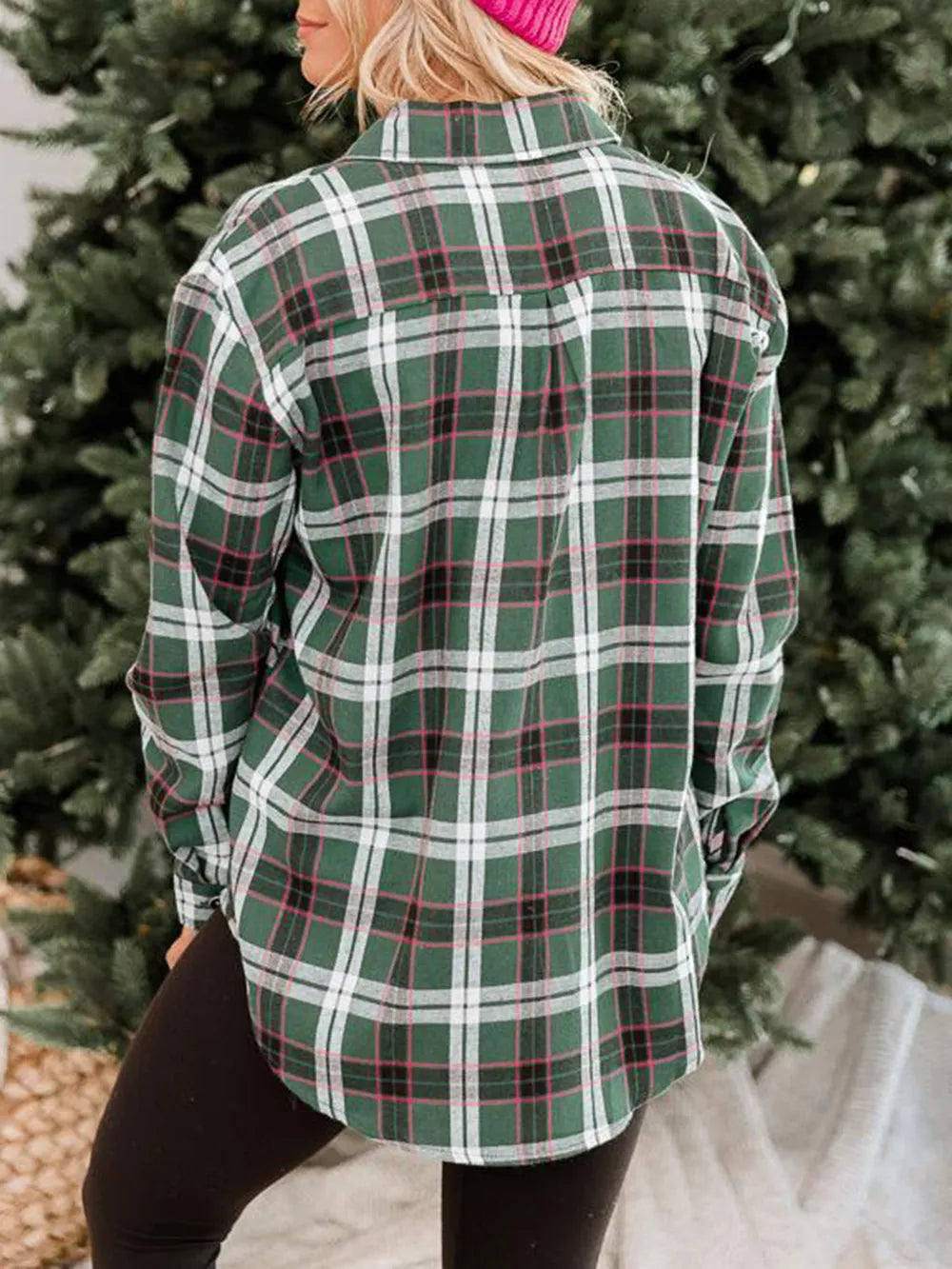 Plaid Collared Neck Long Sleeve Shirt - Green