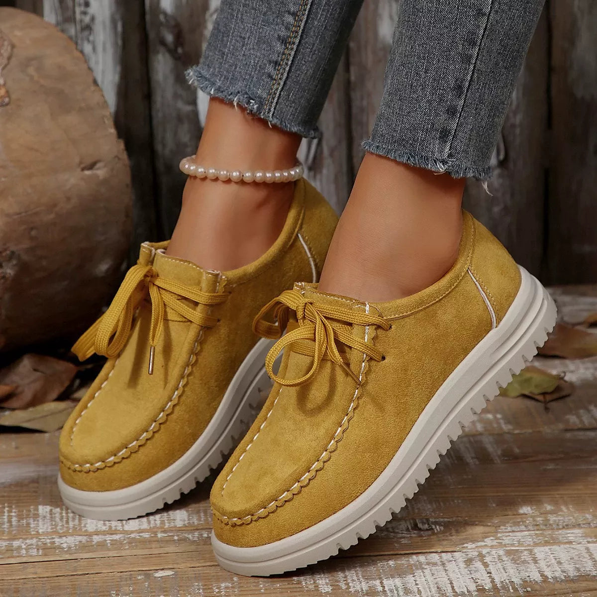 Lace-Up Round Toe Loafers - Yellow