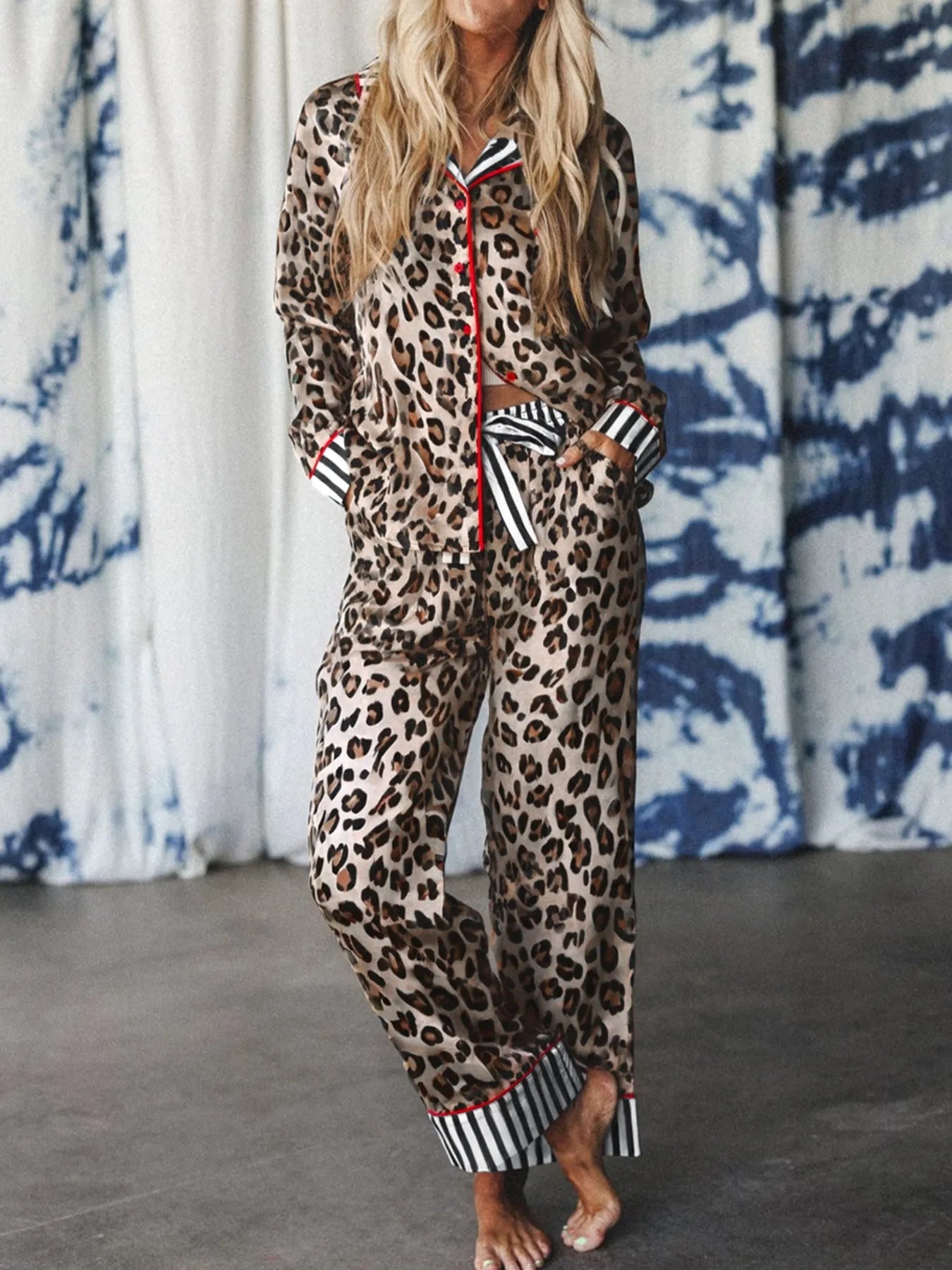 Leopard and Striped Trim Shirt and Pants Set -