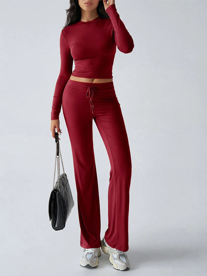 Round Neck Long Sleeve Top and Pants Set - Burgundy