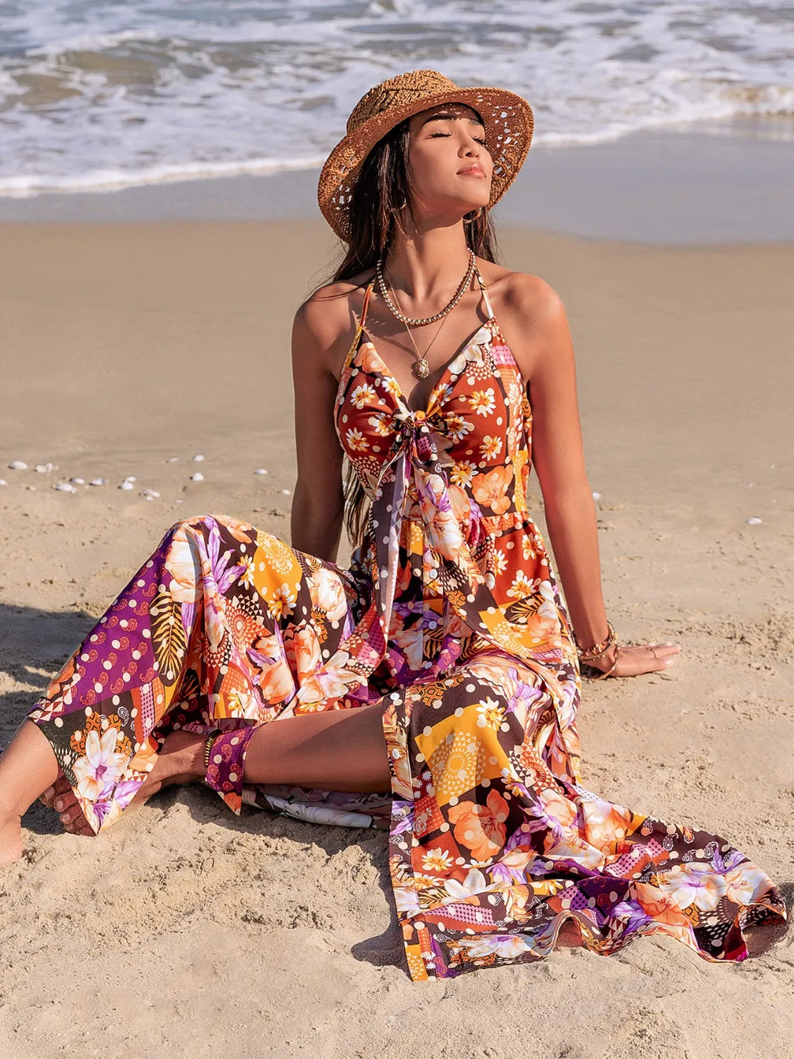 Slit Printed Halter Neck Cami Dress -
