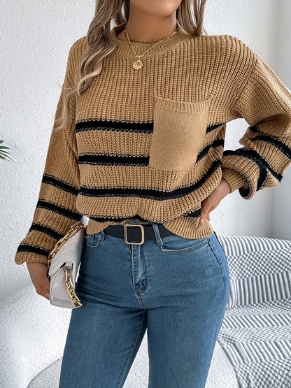 Striped Round Neck Long Sleeve Sweater - Caramel