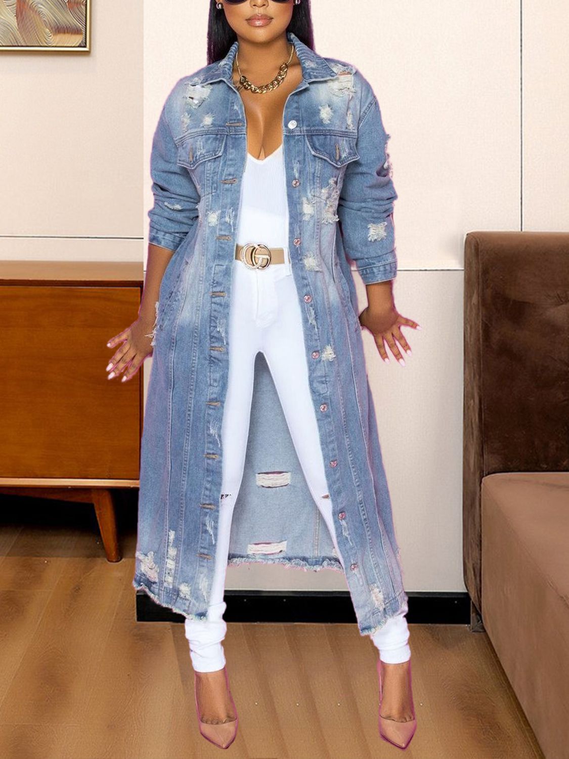 Long Sleeve Raw Hem Denim Jacket - Light
