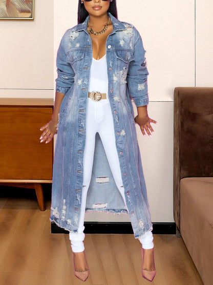 Long Sleeve Raw Hem Denim Jacket - Light