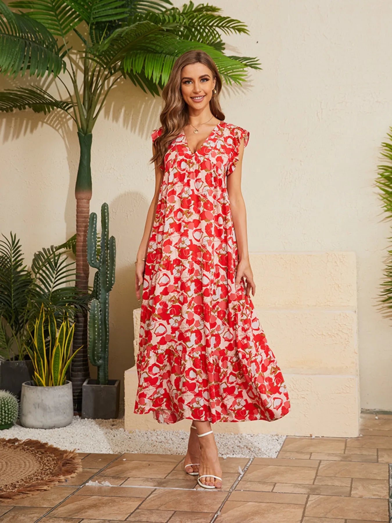 Floral V-Neck Cap Sleeve Summer Dress -