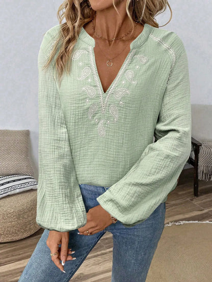 Paisley Pattern Notched Long Sleeve Blouse -