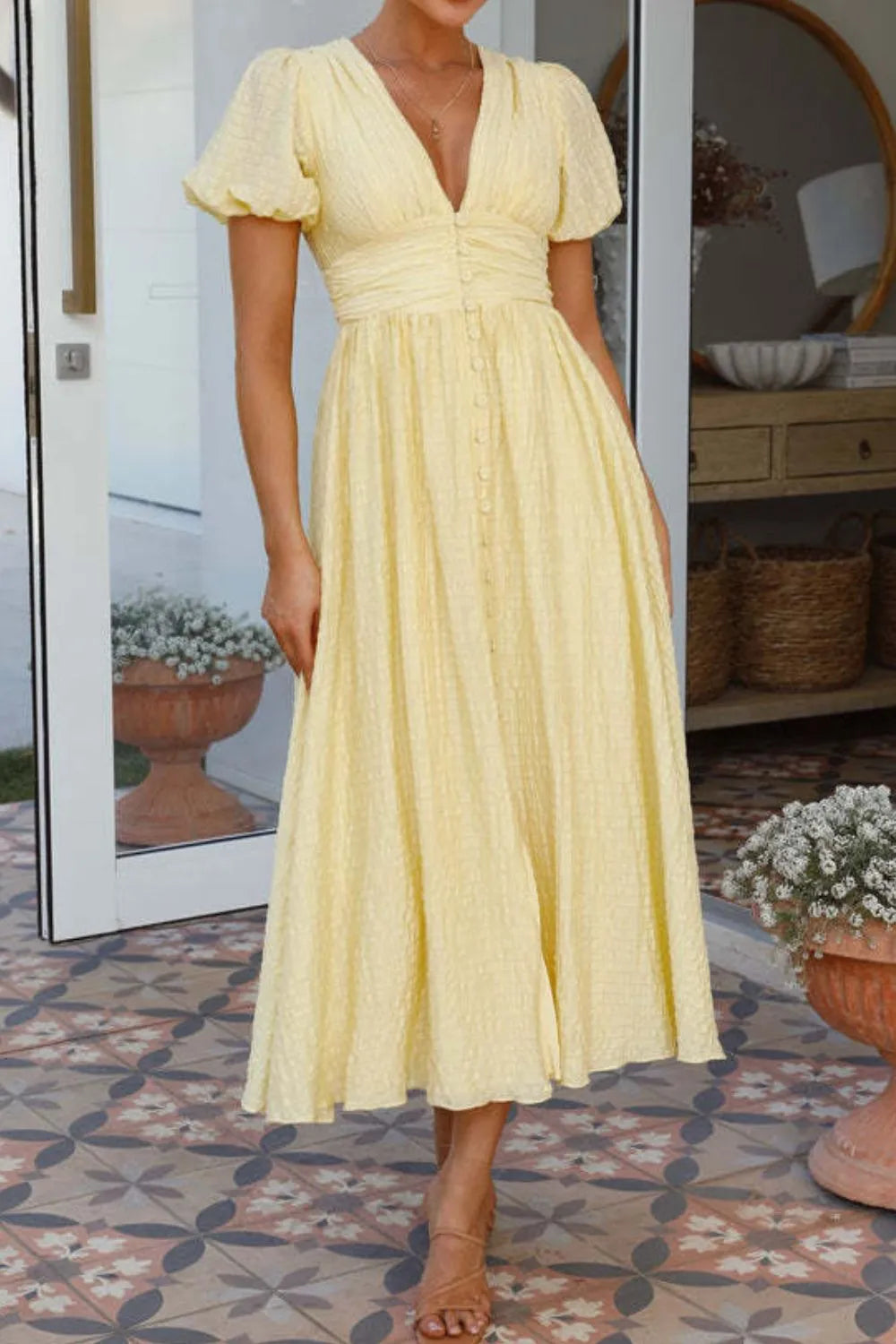 V-Neck Puff Short Sleeve Midi Dress - Pastel Yellow