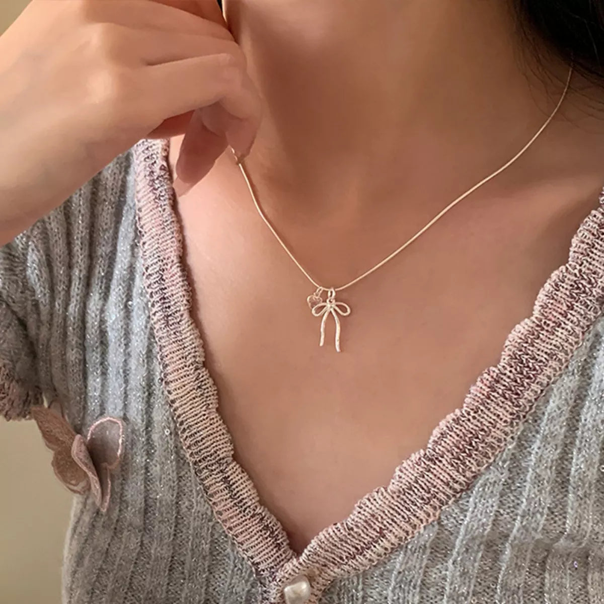 Bow and Heart Pendant Necklace -