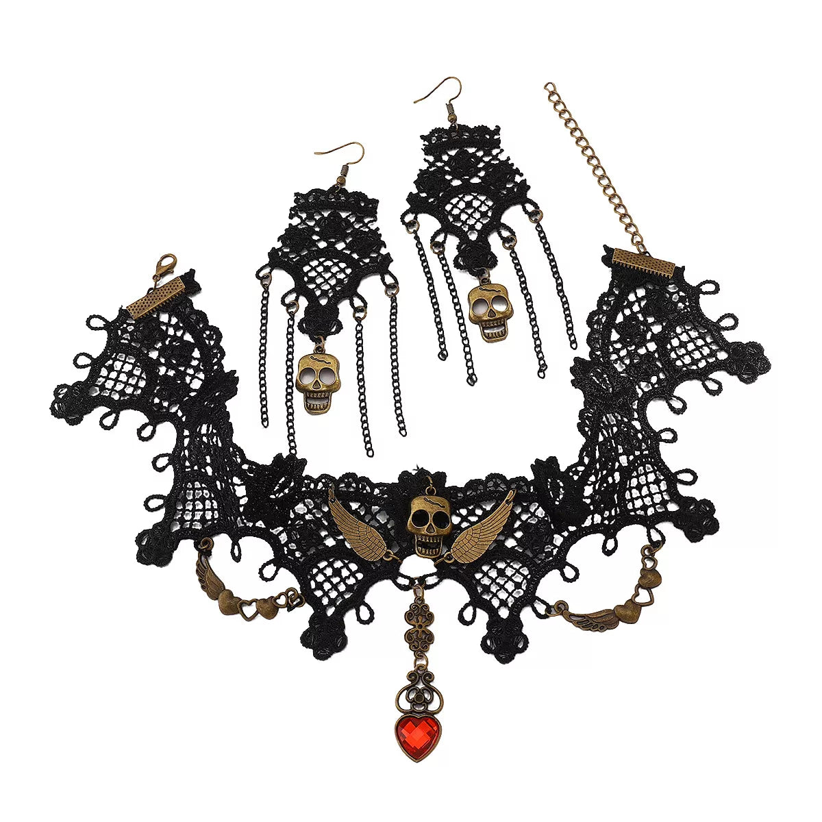 Lace Skull Necklace and Earrings Jewelry Set -
