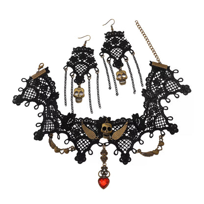 Lace Skull Necklace and Earrings Jewelry Set -