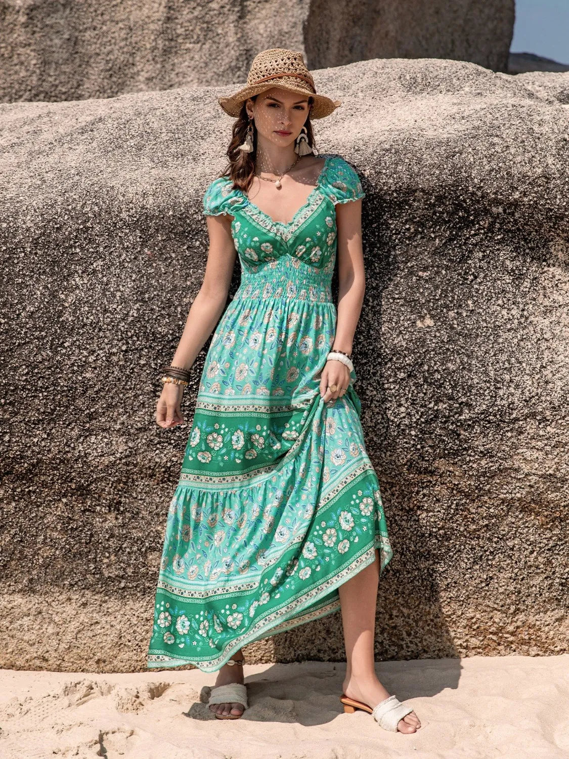 Smocked Printed V-Neck Dress -