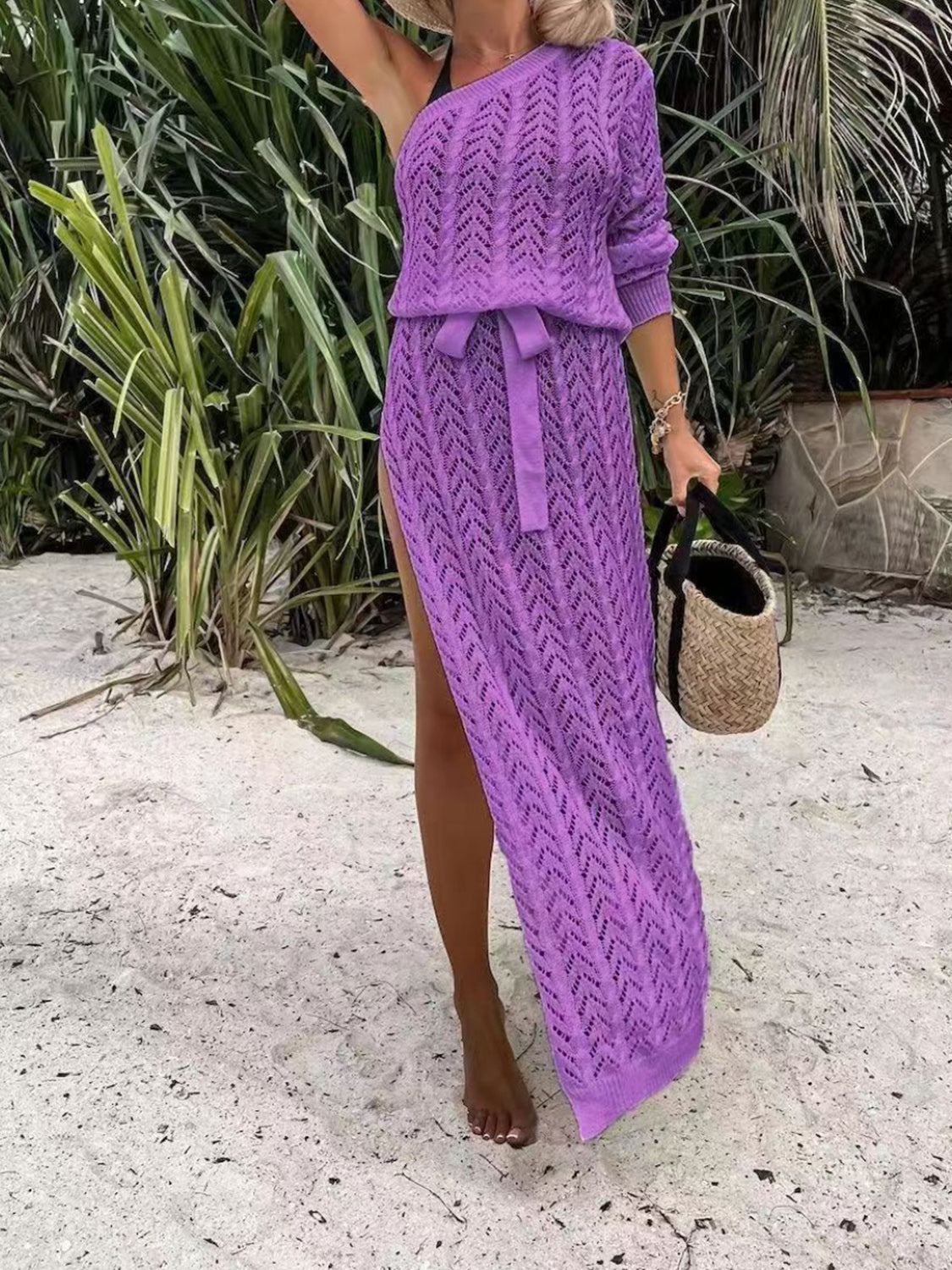 Slit Openwork Single Shoulder Knit Cover-Up Dress