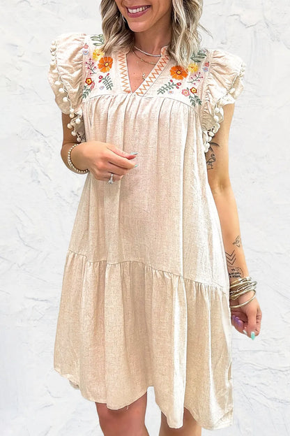 Floral Pom Pom Ruffle Sleeves Mini Dress -