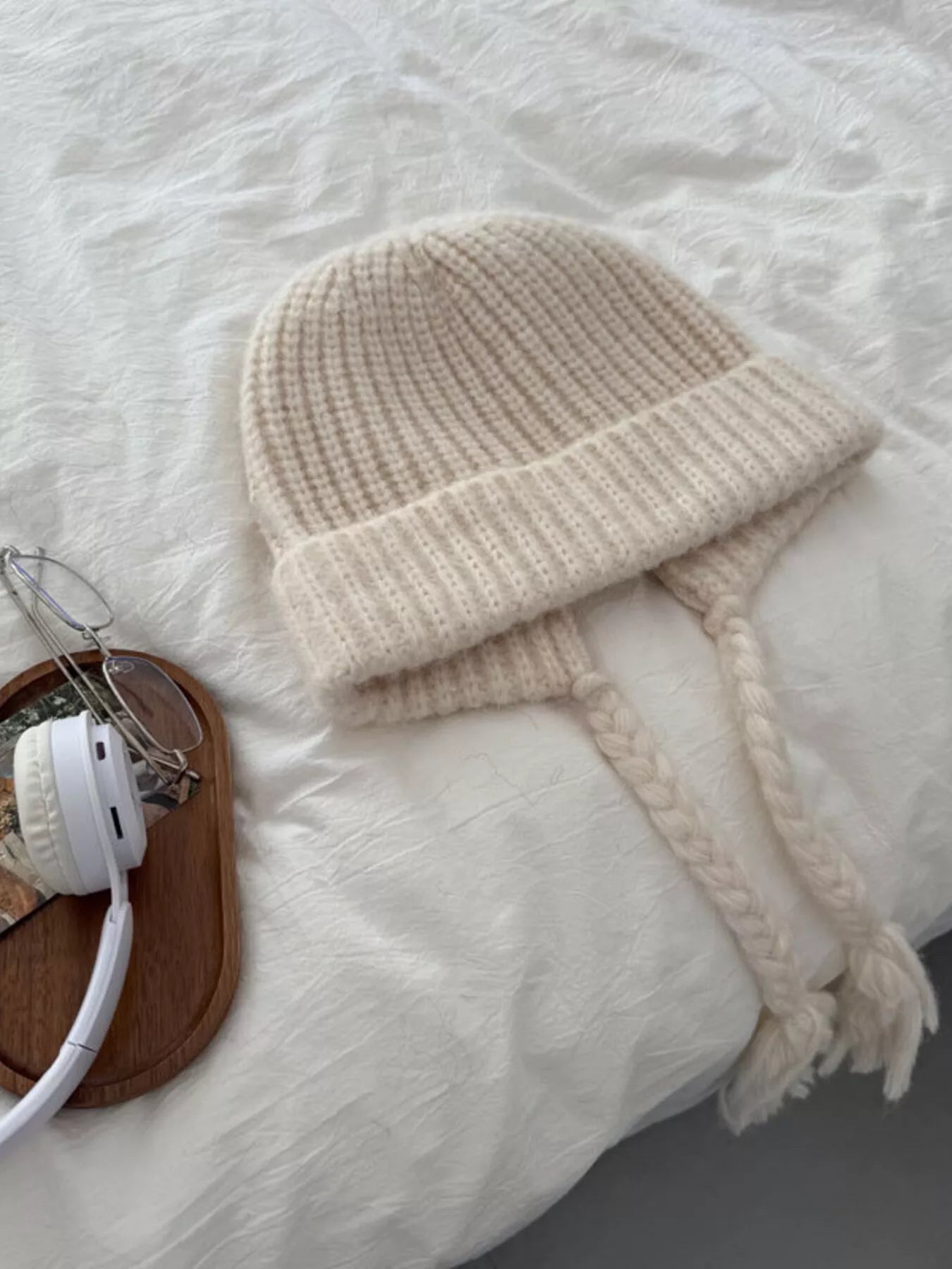 Cozy Knit Braided Beanie Hat - Off-White One Size