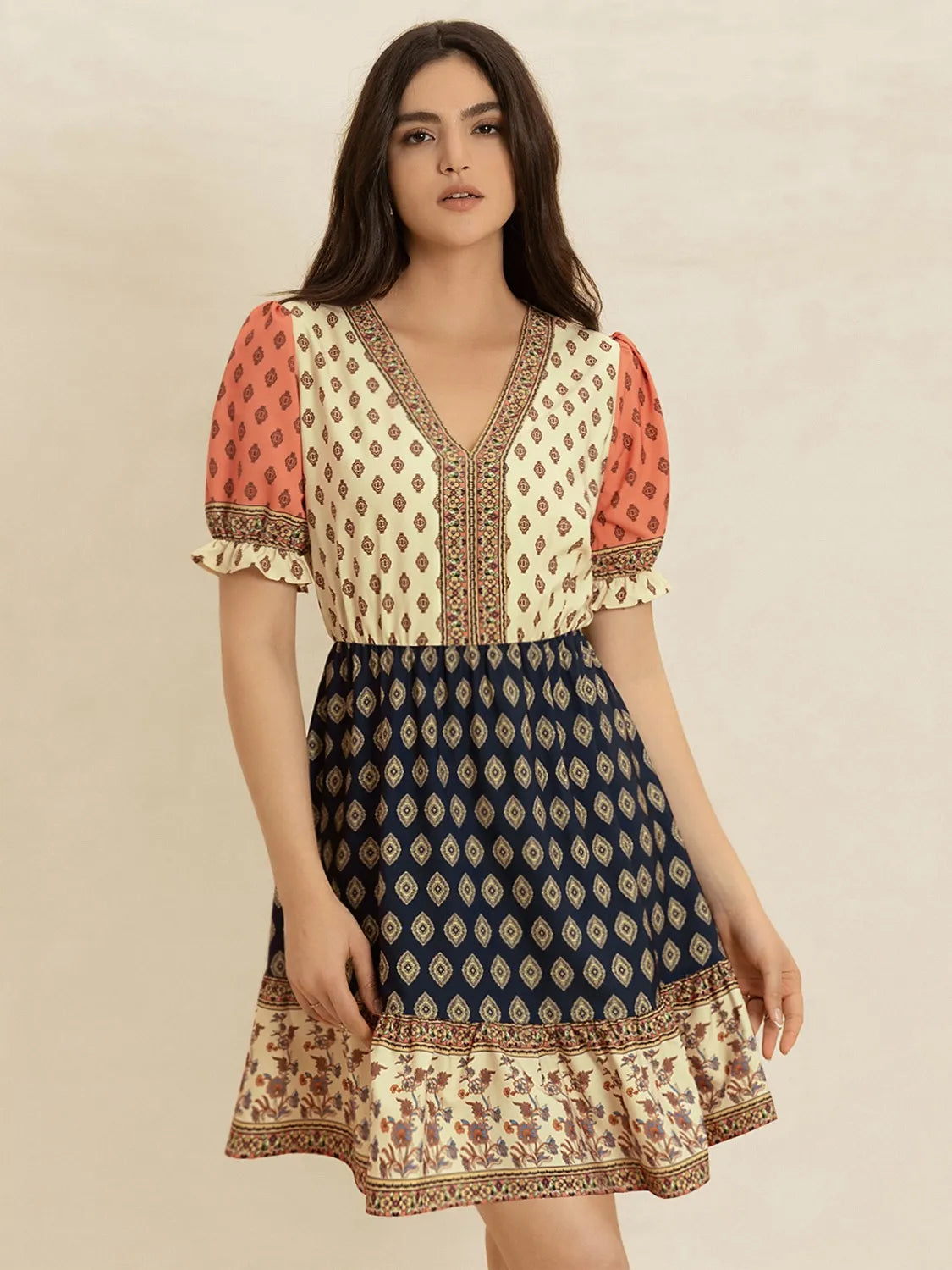 Printed V-Neck Short Sleeve Dress -