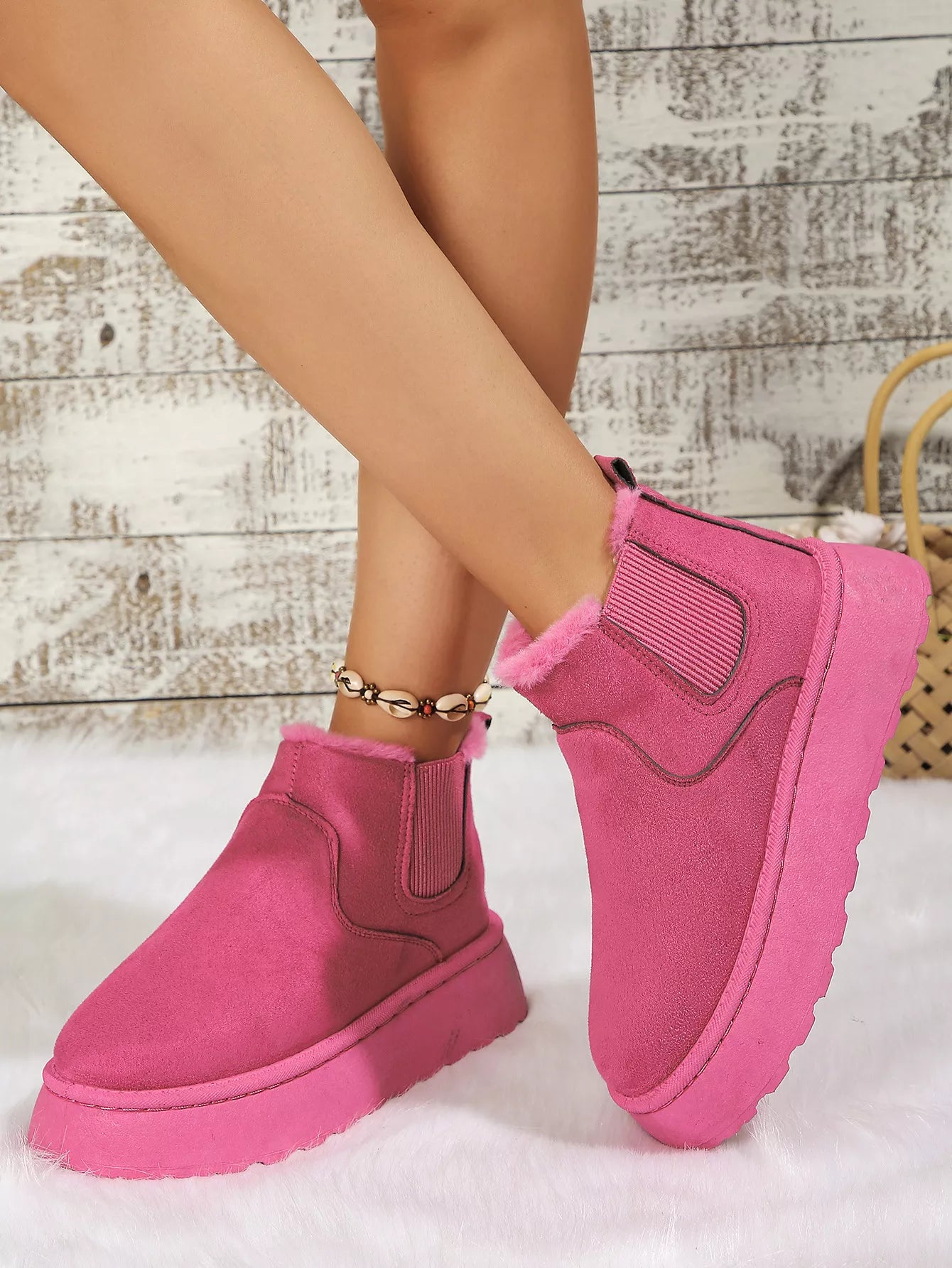 Round Toe Platform Ankle Boots - Hot Pink