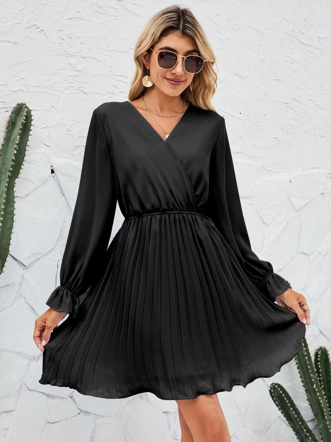 Surplice Flounce Sleeve Pleated Mini Dress | AdoreStarr