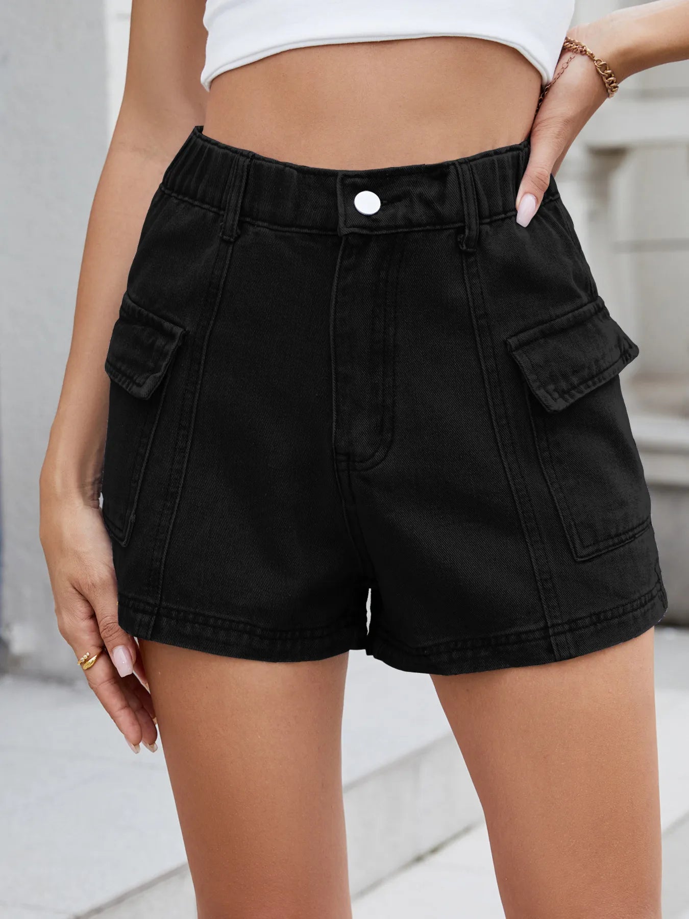 High Waist Cargo Denim Shorts -