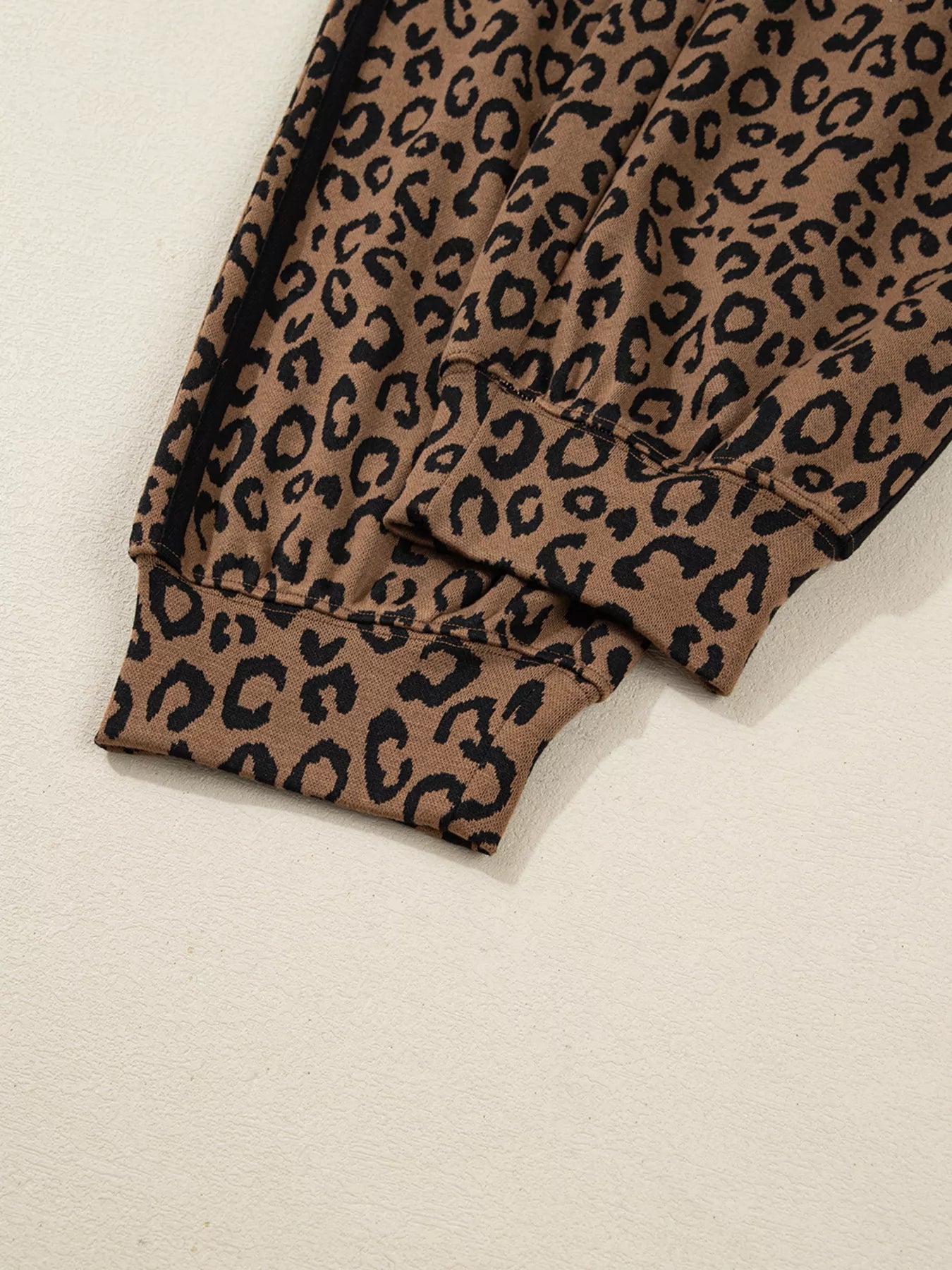 Striped Trim Leopard Long Sleeve Top Drawstring Pant Set -