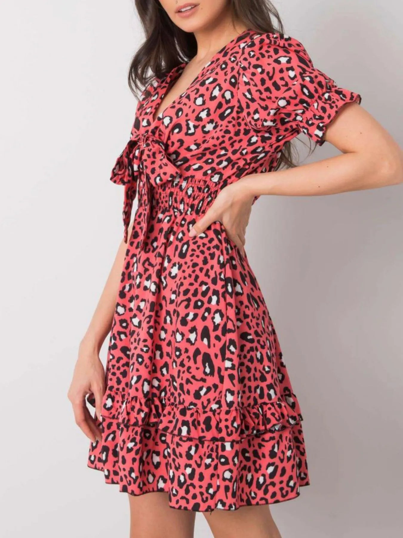 Leopard Print Tie Front Short Sleeve Mini Dress -