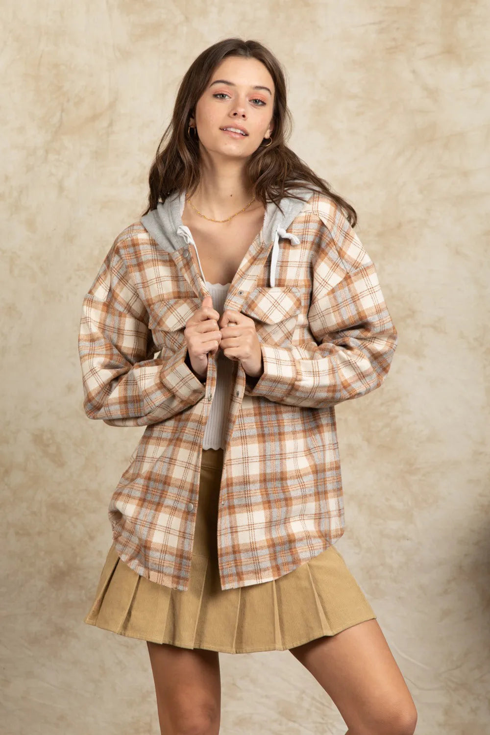 Drawstring Plaid Long Sleeve Hooded Jacket - Camel