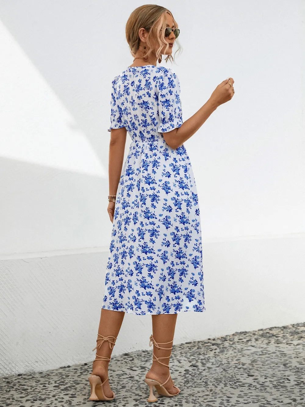 Slit Printed V-Neck Short Sleeve Dress -