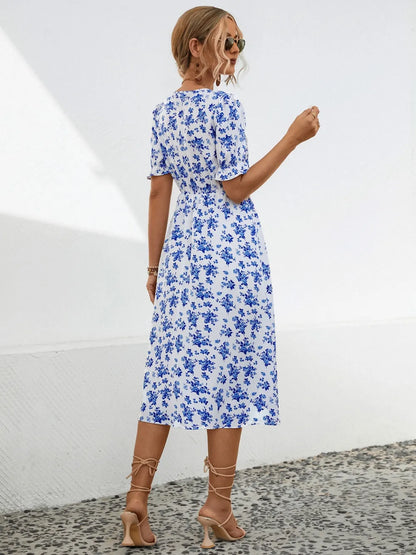 Slit Printed V-Neck Short Sleeve Dress -