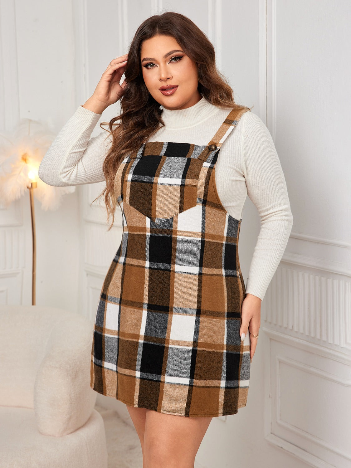 Plus Size Plaid Wide Strap Overall Dress - Caramel