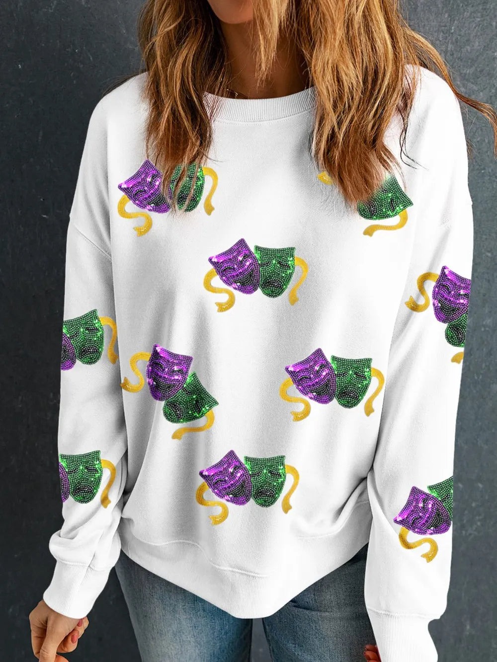 Sequin Round Neck Long Sleeve Sweatshirt -