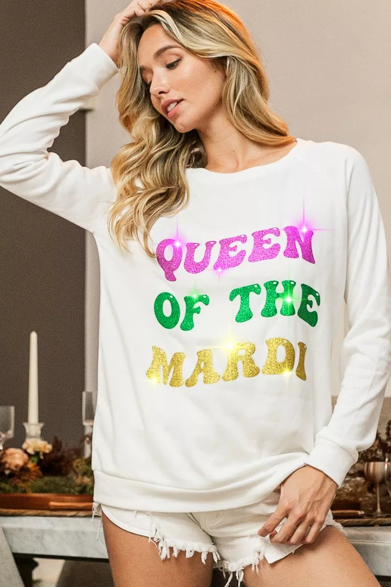 BiBi Queen Of Mardi Glitter Print Mardi Gras Sweatshirt -