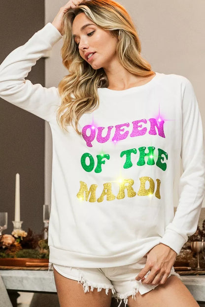 BiBi Queen Of Mardi Glitter Print Mardi Gras Sweatshirt -