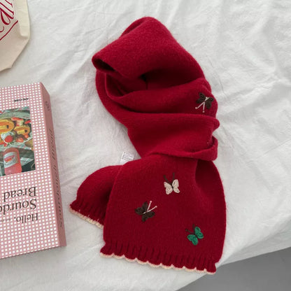 Butterfly Embroidered Knitted Scarf - Red One Size