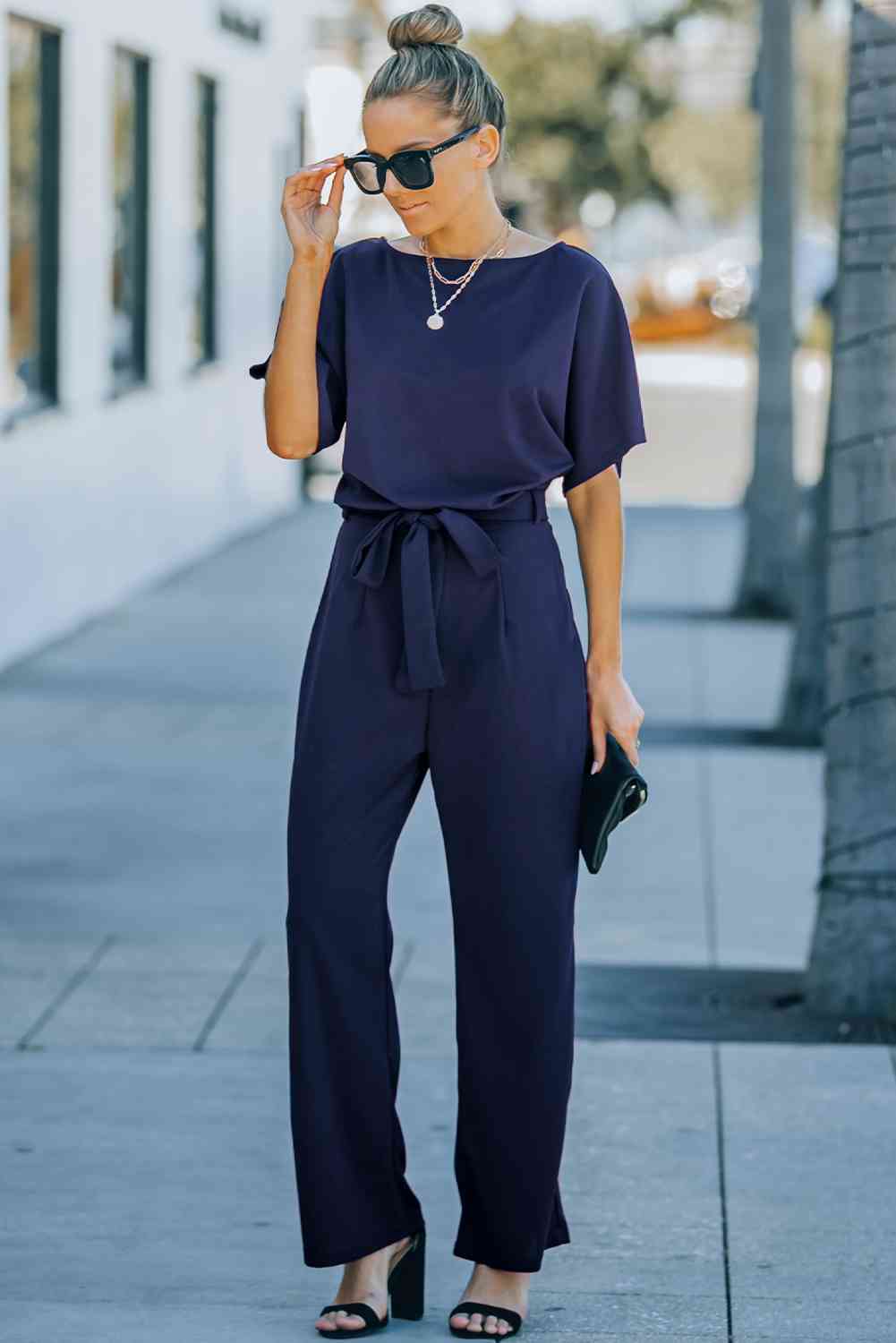 Tie Waist Straight Leg Jumpsuit | AdoreStarr