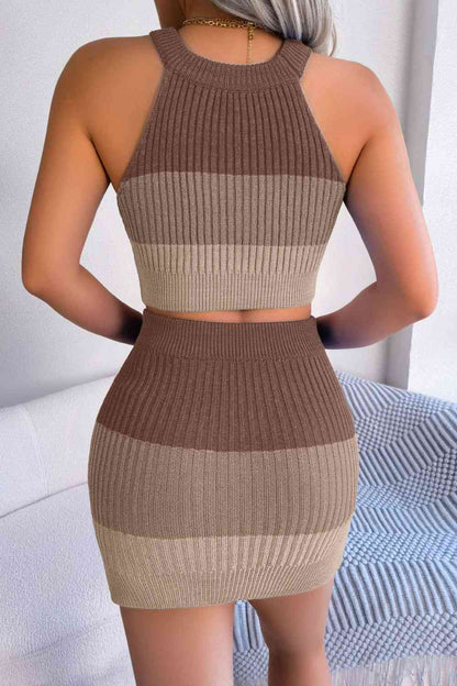 Color Block Sleeveless Crop Knit Top and Skirt Set | AdoreStarr