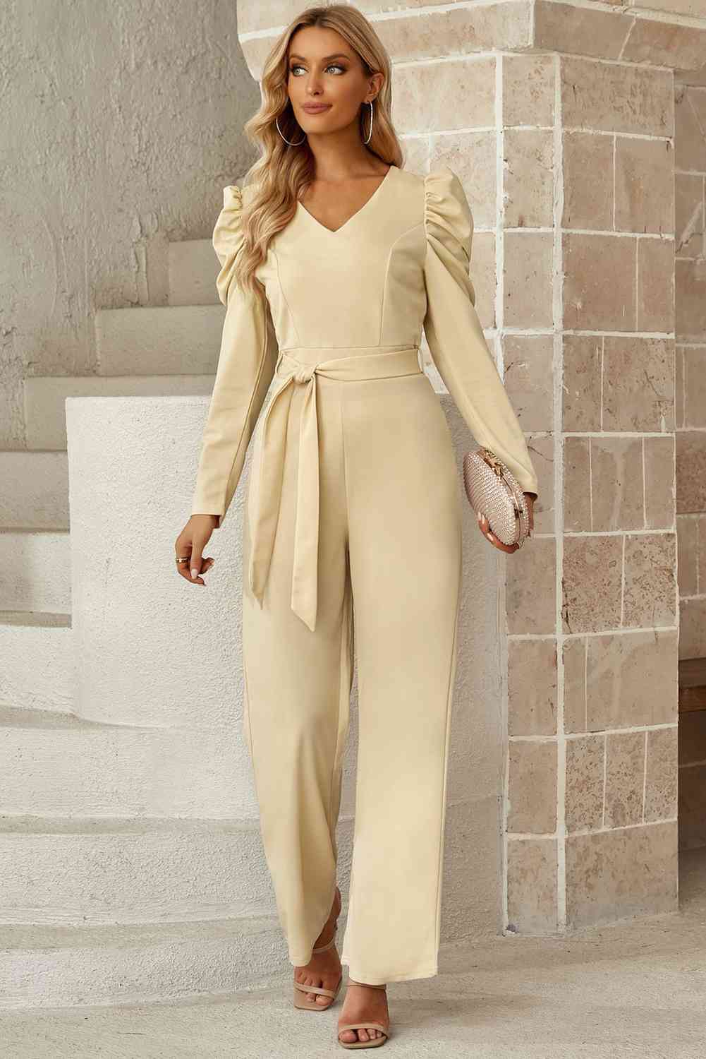 Belted Long Puff Sleeve V-Neck Jumpsuit | AdoreStarr