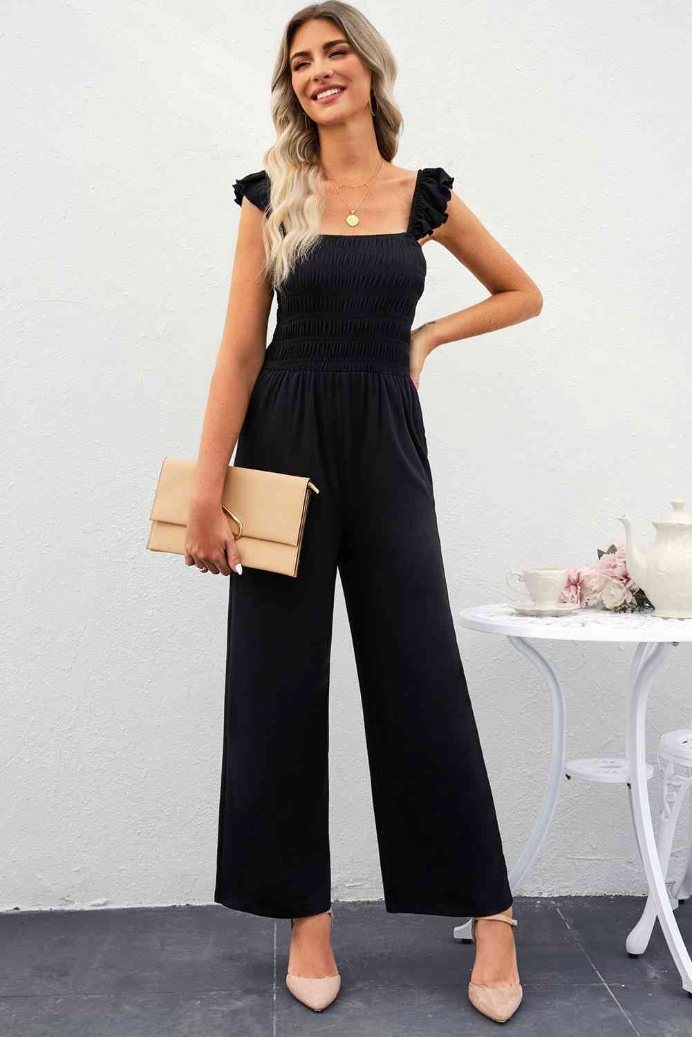 Smocked Square Neck Wide Leg Jumpsuit | AdoreStarr