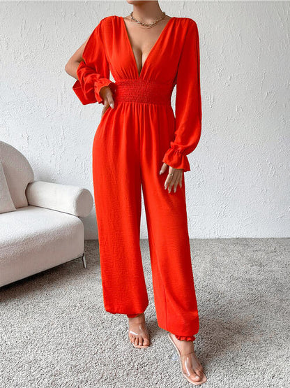 Plunge Smocked Flounce Sleeve Jumpsuit | AdoreStarr