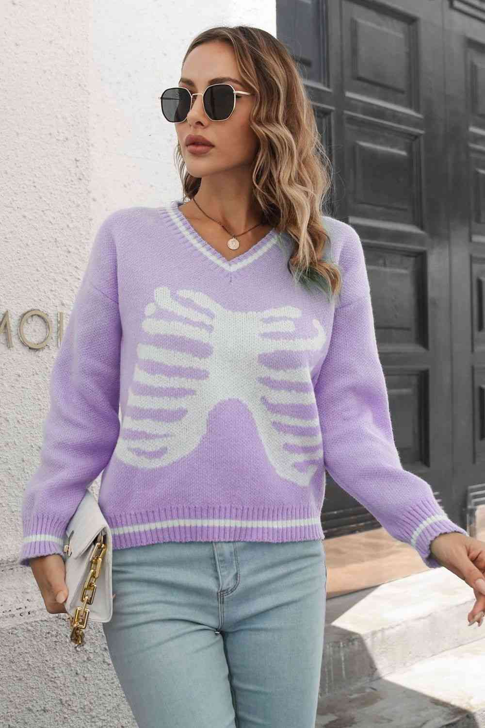 Skeleton Pattern V-Neck Long Sleeve Pullover Sweater | AdoreStarr