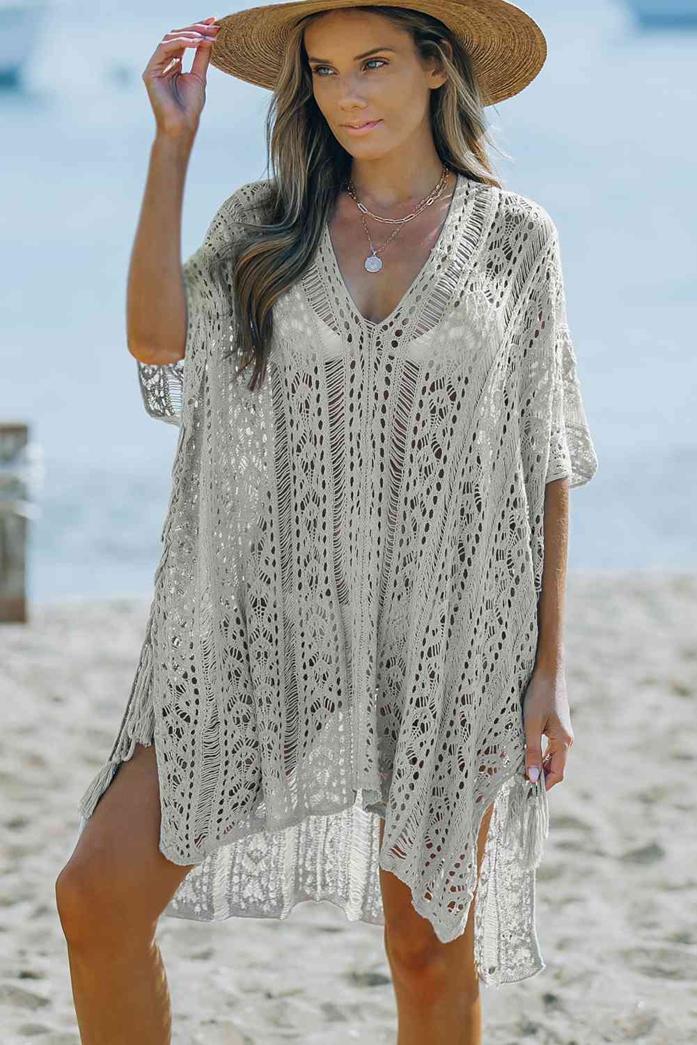 Openwork V-Neck Slit Cover-Up | AdoreStarr