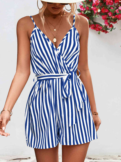 Striped Tie Waist Spaghetti Strap Romper | AdoreStarr