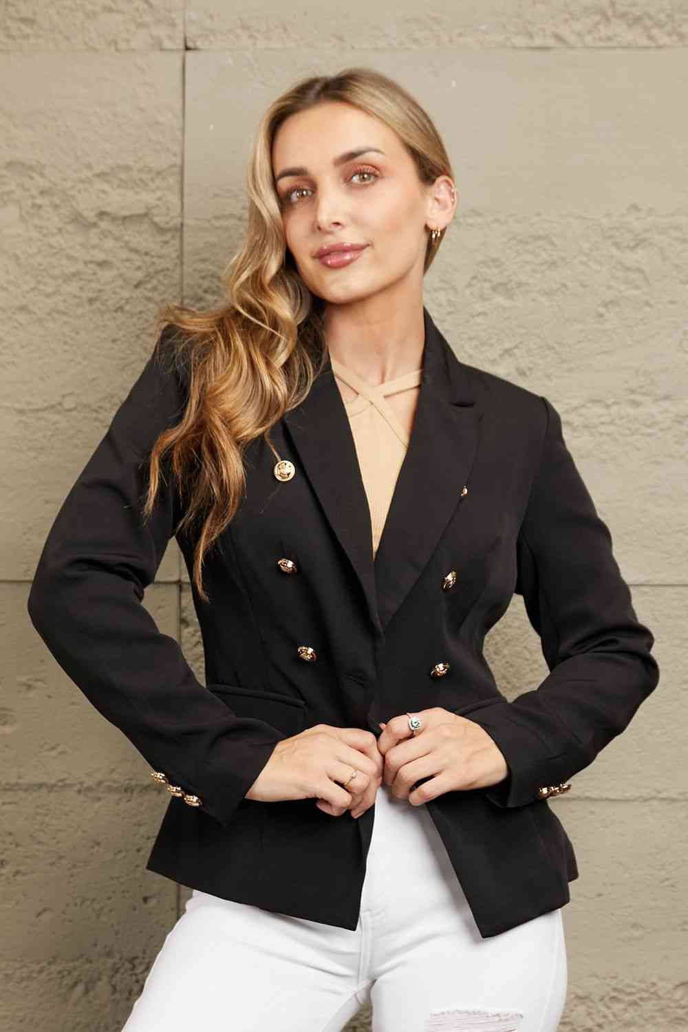 Double-Breasted Padded Shoulder Blazer | AdoreStarr