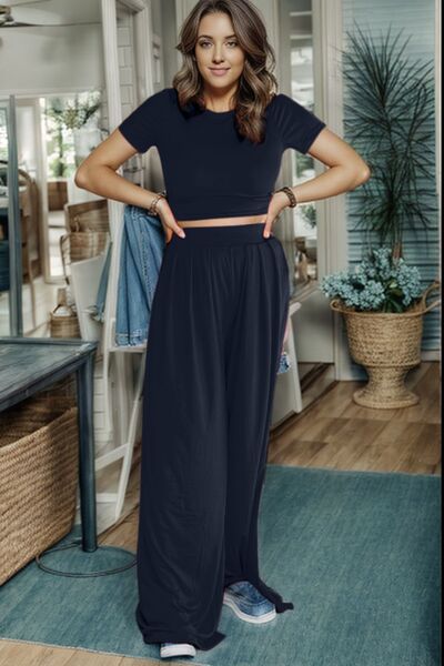 Short Sleeve Top and Wide Leg Pants Set | AdoreStarr