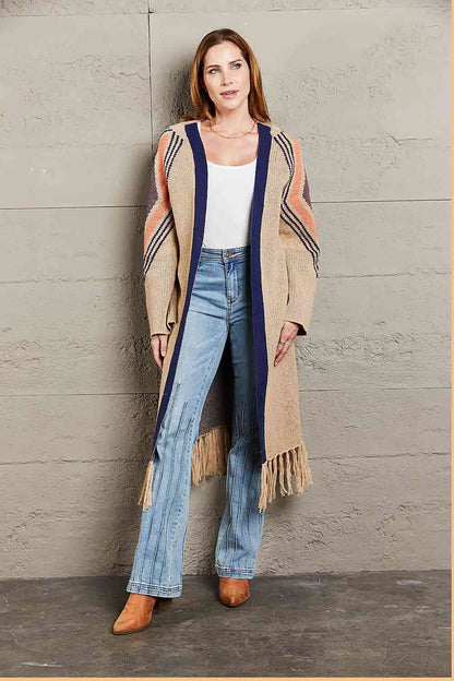 Geometric Fringe Hem Open Front Duster Cardigan | AdoreStarr