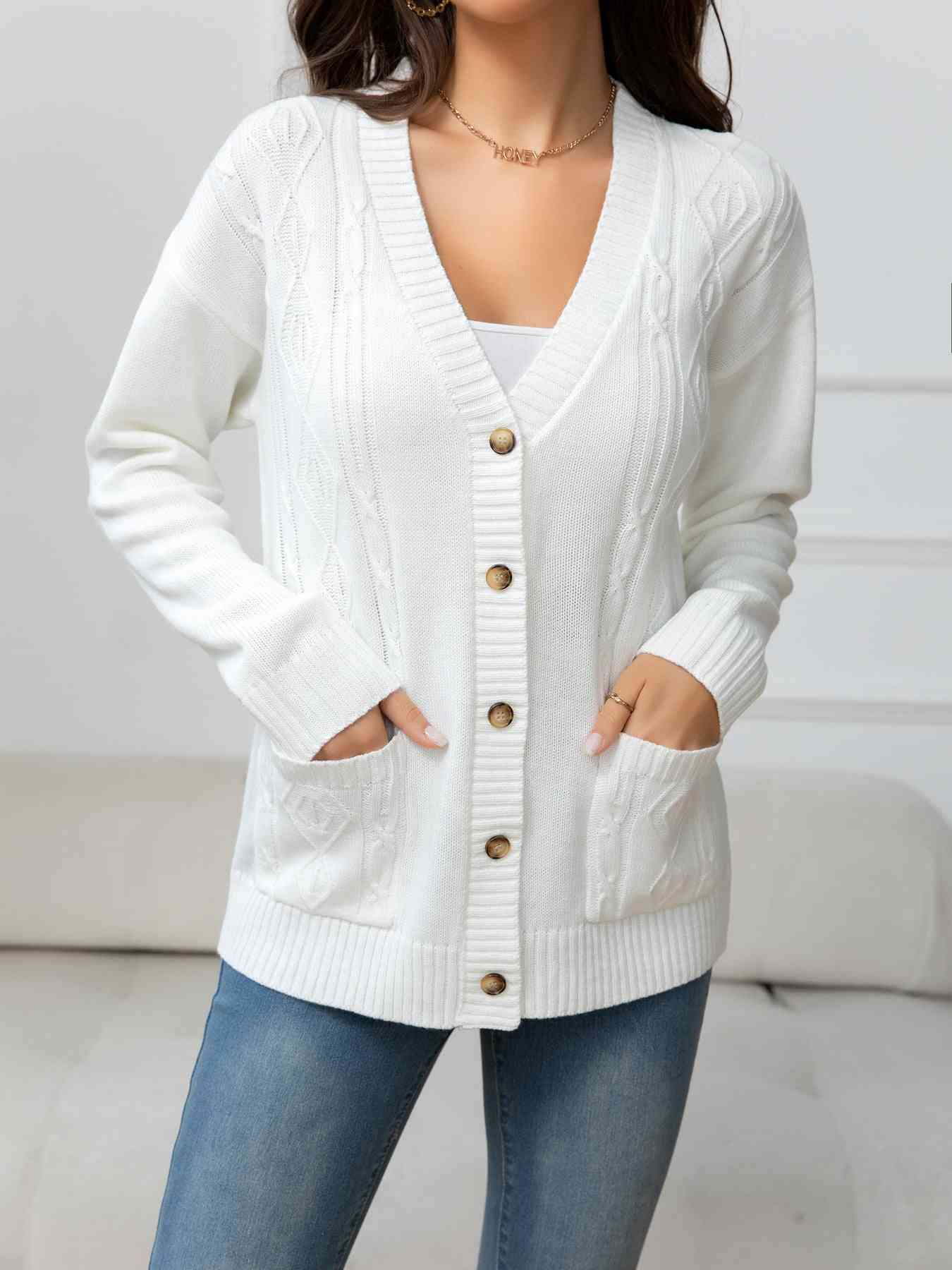 V-Neck Long Sleeve Buttoned Knit Top | AdoreStarr