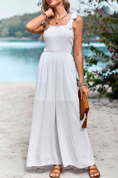 Frill Trim Tie Shoulder Wide Leg Jumpsuit