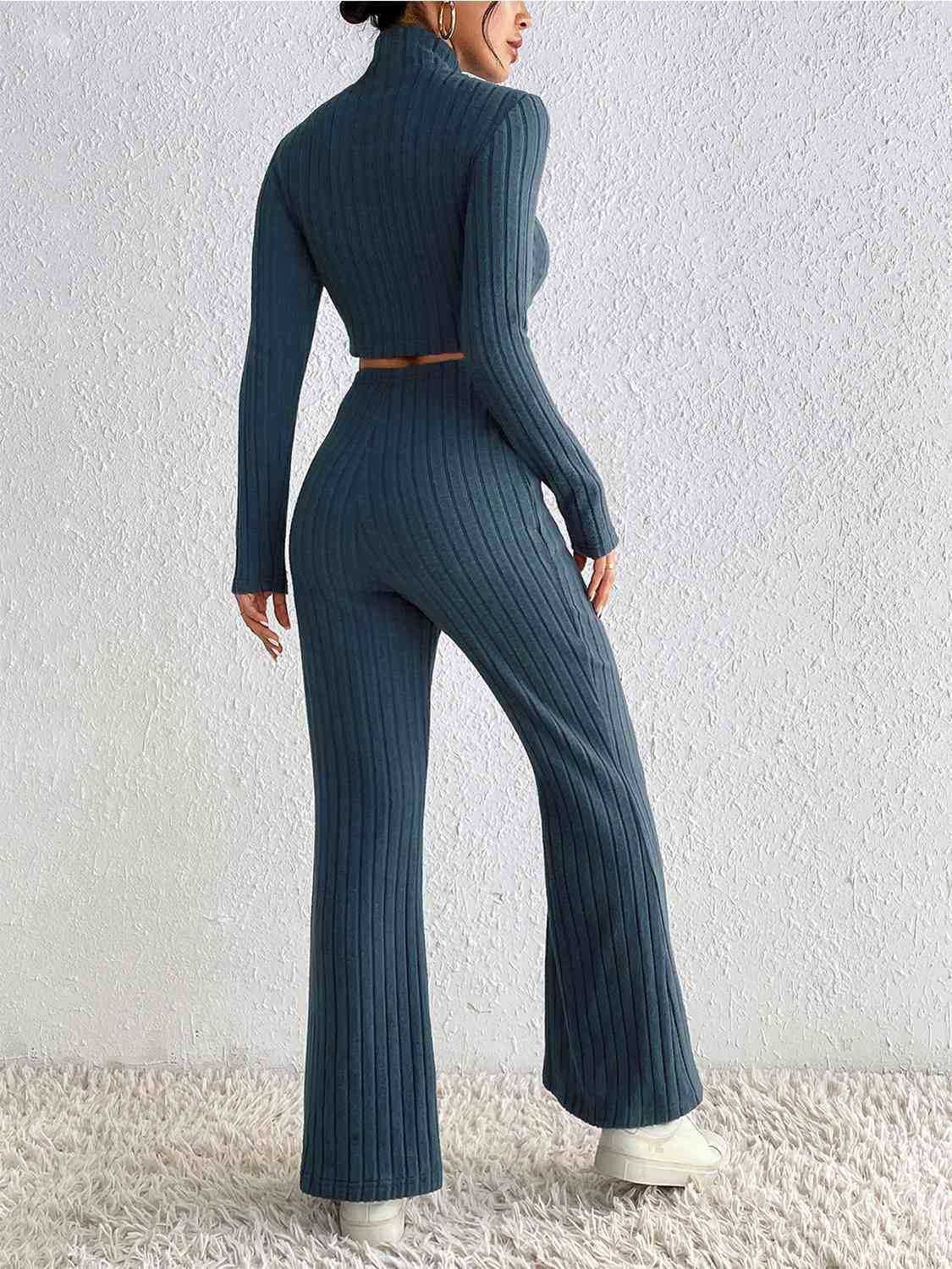 Ribbed Cropped Sweater and High Waist Pants Set - Peacock Blue